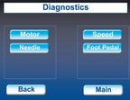 Handi Quilter Long Arm diagnostics screen with blue buttons for Motor, Needle, Speed, Foot Pedal, Back, Main.