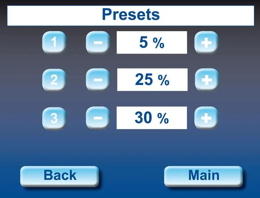 Handi Quilter Sweet Sixteen presets screen on blue UI with three options (5%, 25%, 30%) and Back/Main buttons