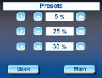 Handi Quilter Sweet Sixteen presets screen on blue UI with three options (5%, 25%, 30%) and Back/Main buttons