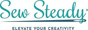 Sew Steady logo with teal text and a needle graphic