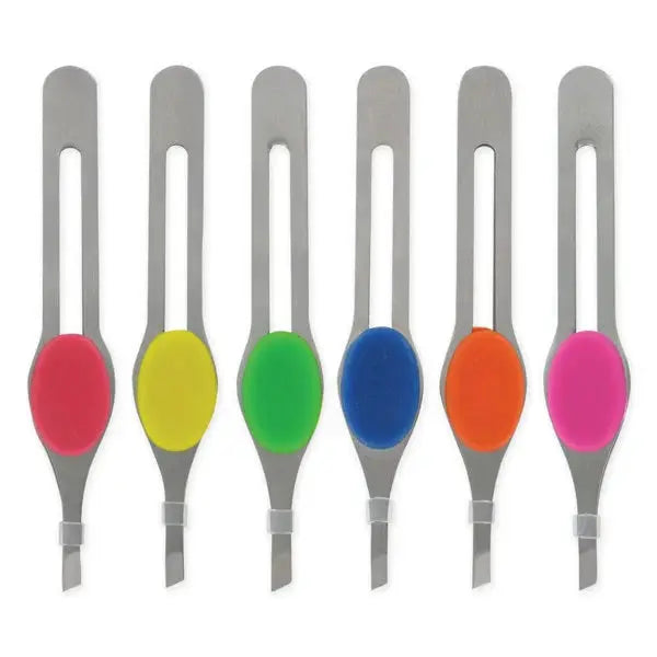 Tweezer Tech Tweezers by Graphic Impressions, set of six with silicone grip tips in red yellow green blue orange pink