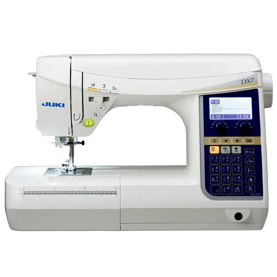 Juki HZL-DX7 sewing machine, white with blue control panel and digital touchscreen.