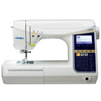 Juki HZL-DX7 sewing machine, white with blue control panel and digital touchscreen.