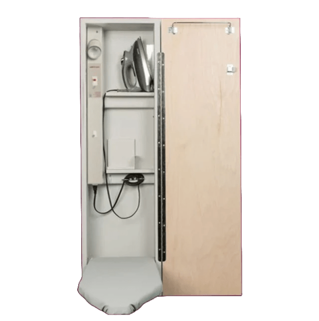 Iron-A-Way 42-in ironing center with electrical system; built-in ironing board and cabinet.