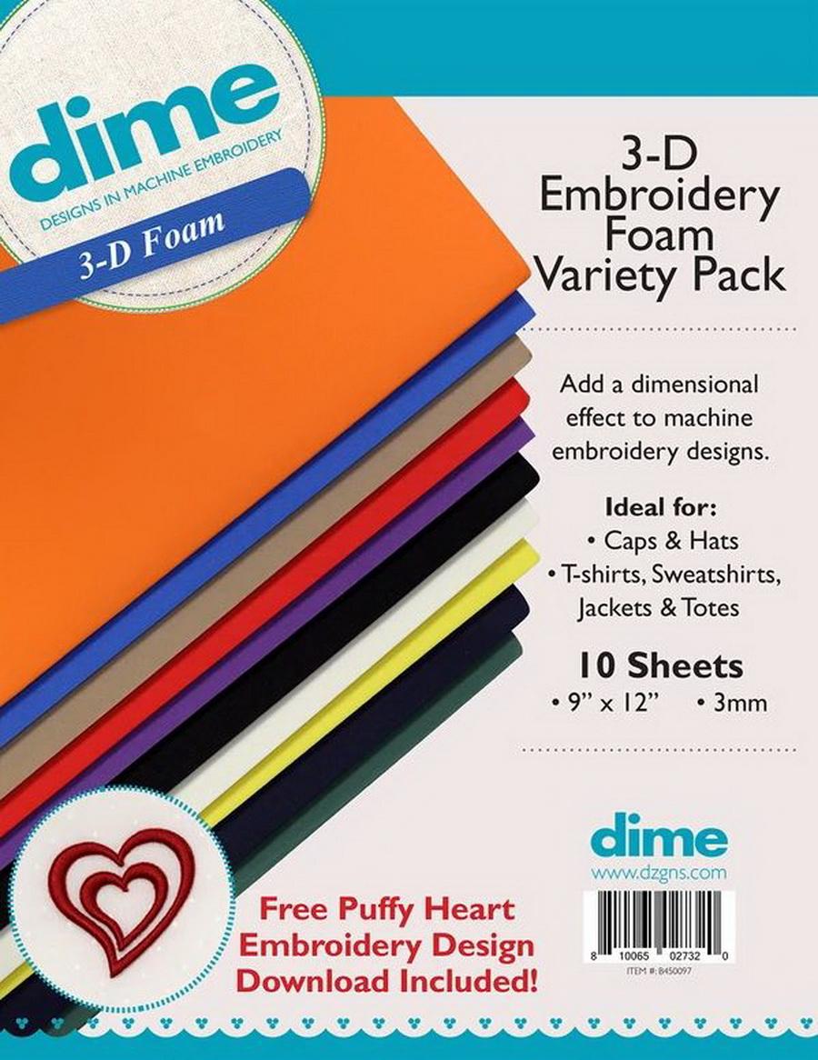 DIME 3 - D Embroidery Foam Variety Pack - 9" x 12" 3mm - 10 Sheets - Sewingmachinesplus.com