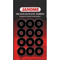 Janome Class 15 Pre-wound 12 Pack of Plastic Bobbins - Black