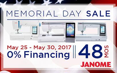 Advertisement for a Memorial Day sale on Janome sewing machines with financing offer.