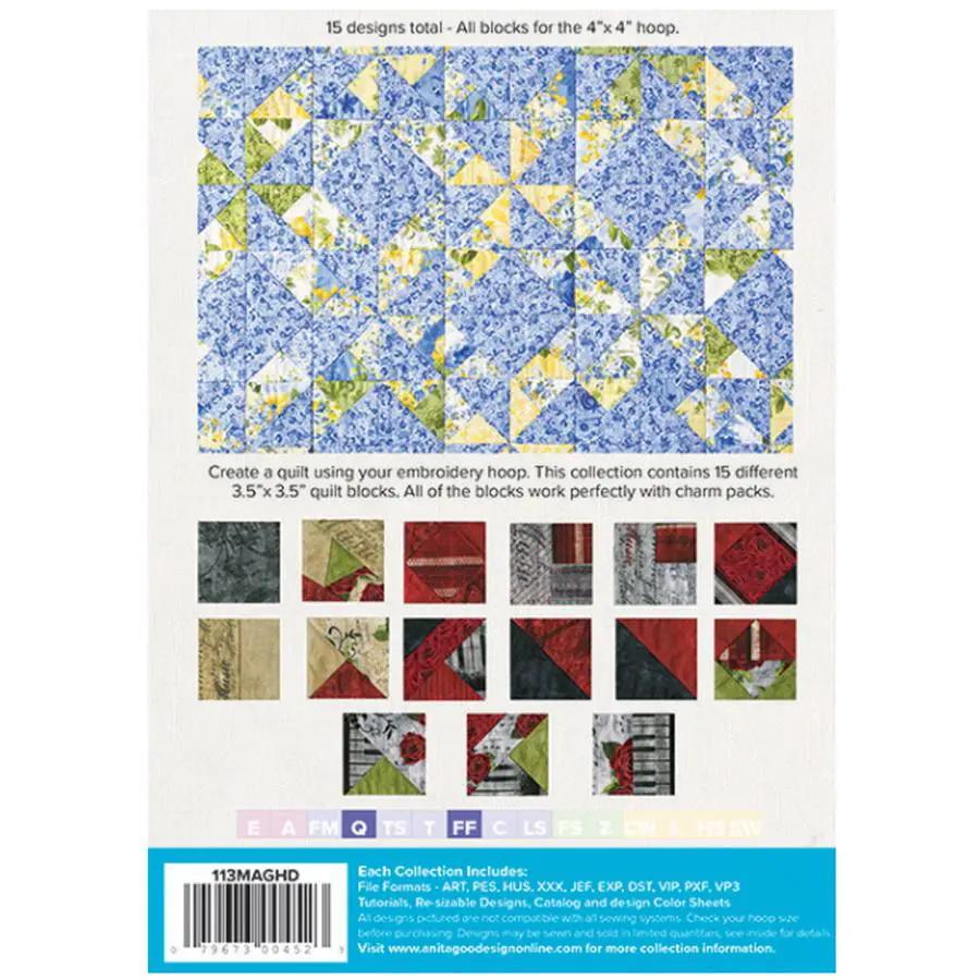 Anita Goodesign Charm Pack Quilt Blocks 113MAGHD embroidery design collection; 15 blue/yellow 4x4 hoop quilt blocks