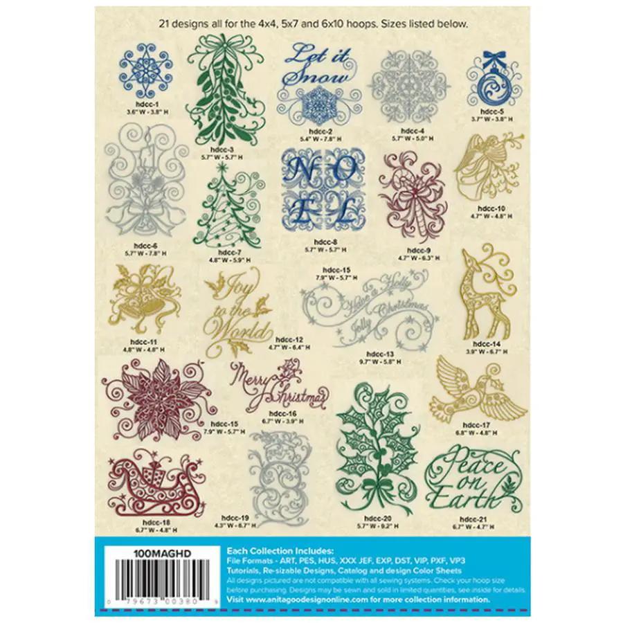 Embroidery design: Anita Goodesign Christmas Curls 115MAGHD, 21 designs in assorted colors for 4x4–6x10 hoops.