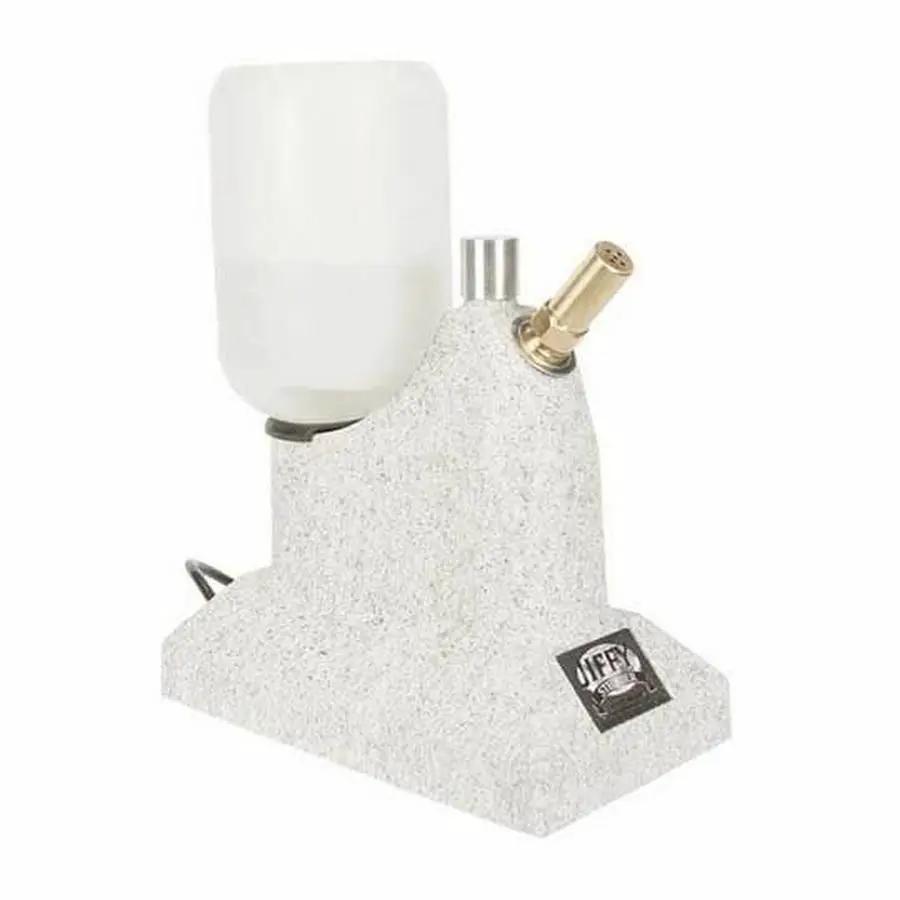 Jiffy Original Hat Steamer J-1 Grey, grey speckled base with white reservoir and brass nozzle.