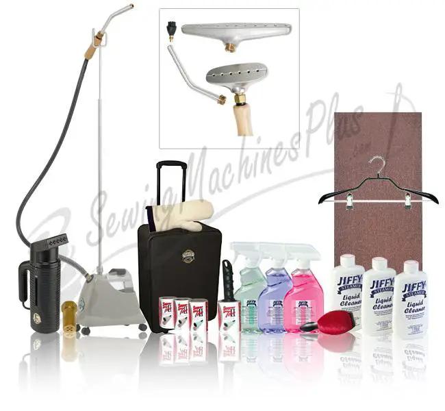 Jiffy Steamer J-2000I I Want It All white package with attachments, cleaners, hanger, and garment bag