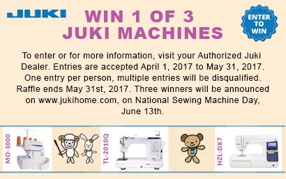 Promotional flyer for Juki sewing machines with machine models and features.