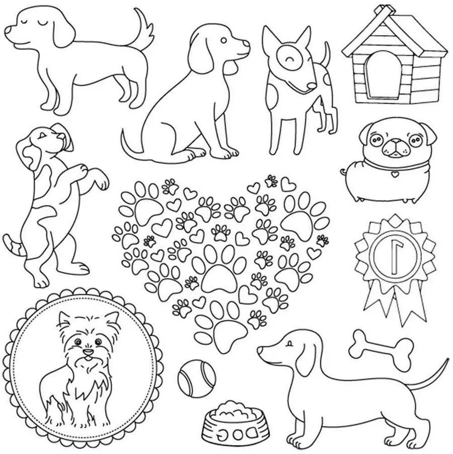 Threaders embroidery transfer sheets - Pets; set of 5 dogs, paw prints, bone, ball, dog house, dog portrait, ribbon badge