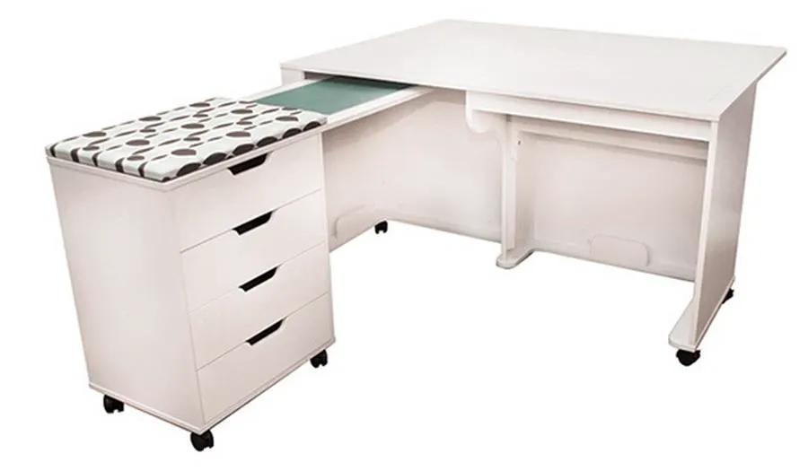 Inspira Inspiration Sewing Cabinet in white with a rolling 4-drawer cart