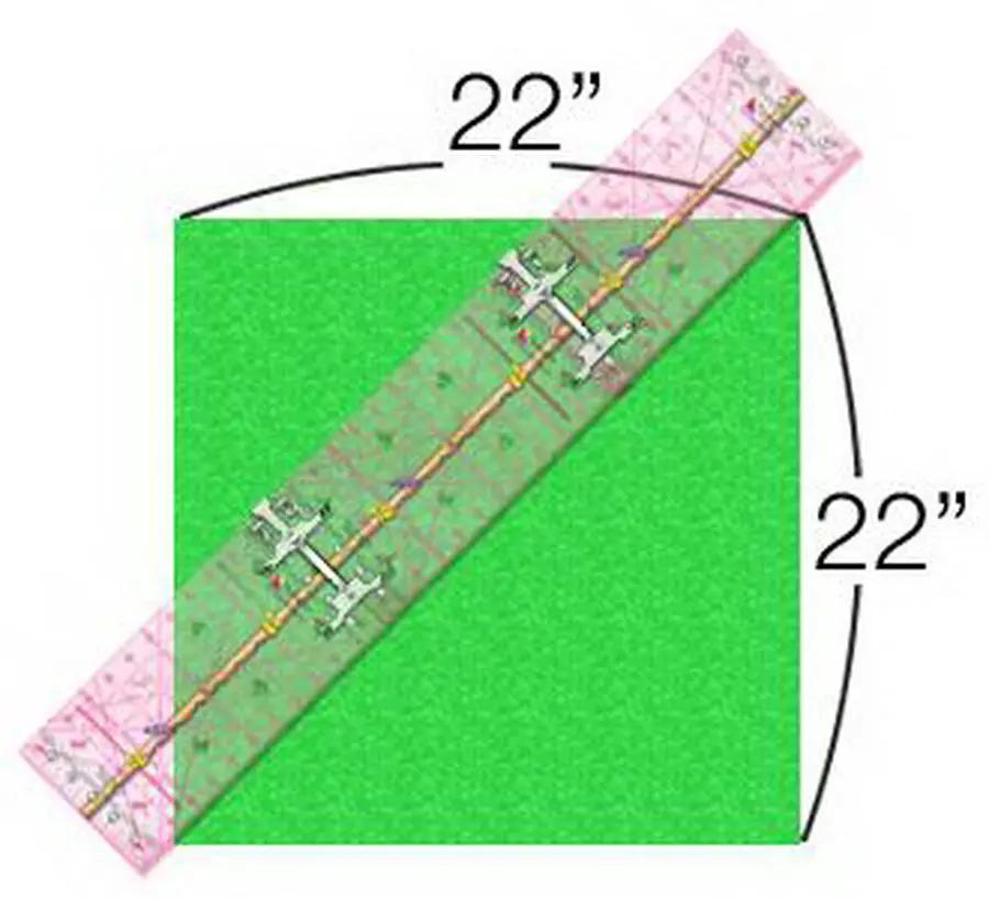 Quilting ruler Guidelines 4 Quilting 6in x 12in; transparent angled ruler with pink corner templates over a green square.