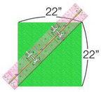 Quilting ruler Guidelines 4 Quilting 6in x 12in; transparent angled ruler with pink corner templates over a green square.