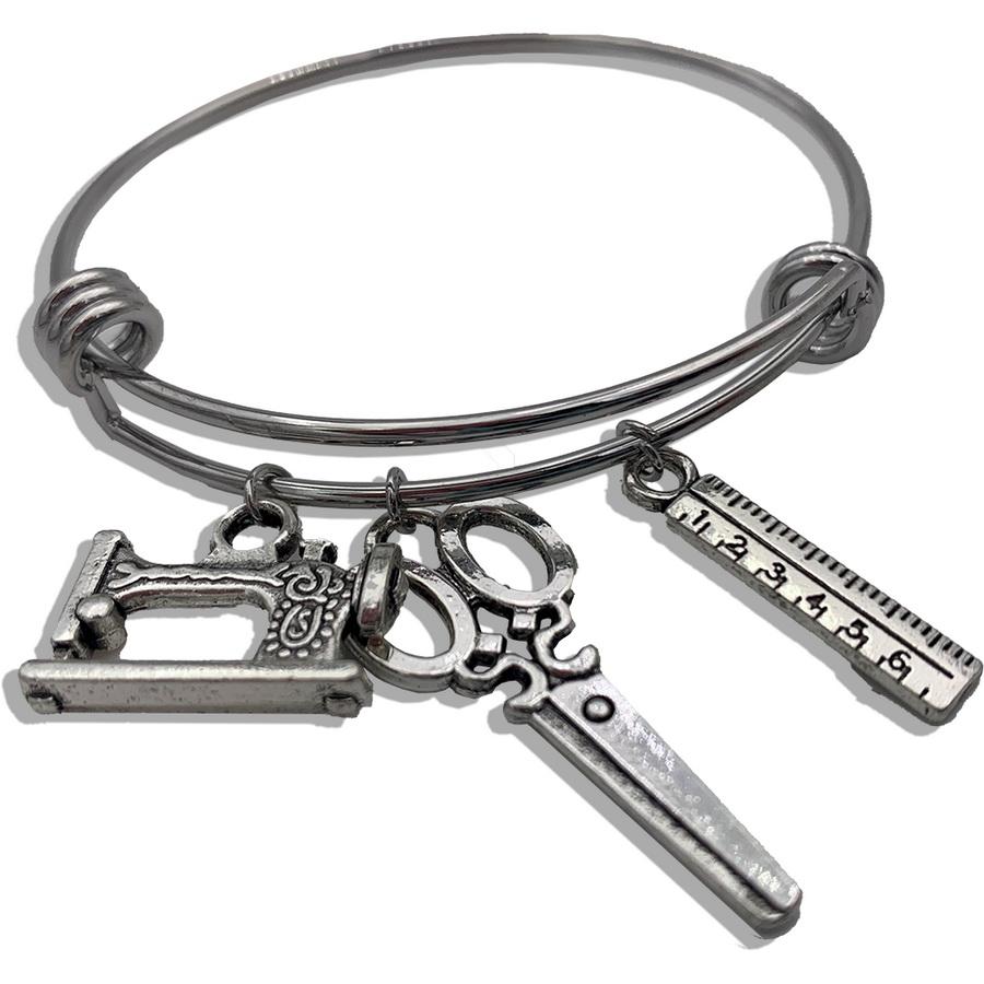 Amanda Jayne Jewelry Scissors, Ruler & Machine Charm Adjustable Bangle Bracelet, Silver