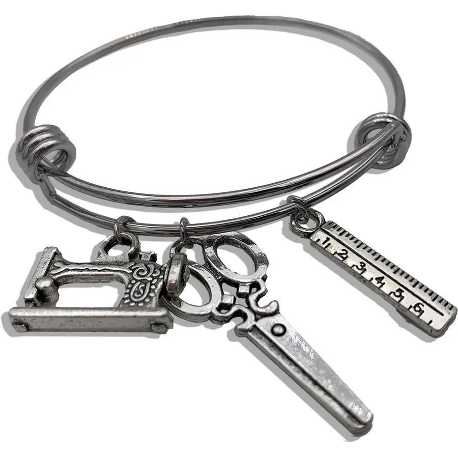 Amanda Jayne Jewelry Scissors, Ruler & Machine Charm Adjustable Bangle Bracelet, Silver - Sewingmachinesplus.com