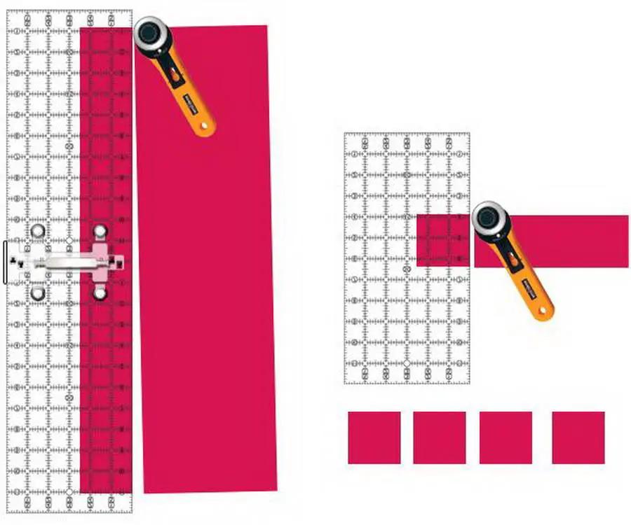 Quilt Ruler Connector by Guidelines 4 Quilting; magenta fabric with clear grid ruler and orange rotary cutter
