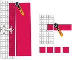 Quilt Ruler Connector by Guidelines 4 Quilting; magenta fabric with clear grid ruler and orange rotary cutter