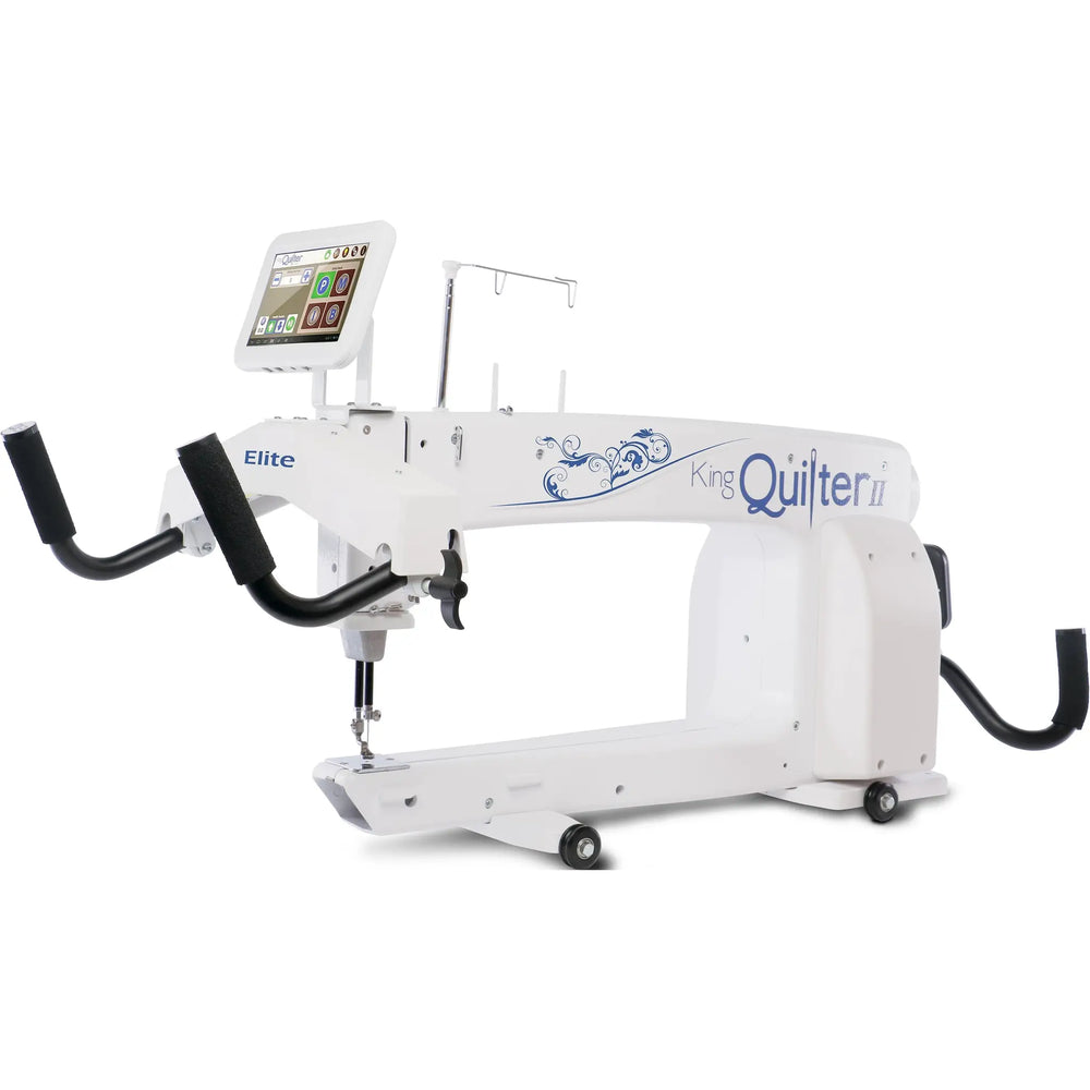 King Quilter II Elite long arm quilting machine with touchscreen control on white frame