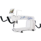 King Quilter II Elite long arm quilting machine with touchscreen control on white frame