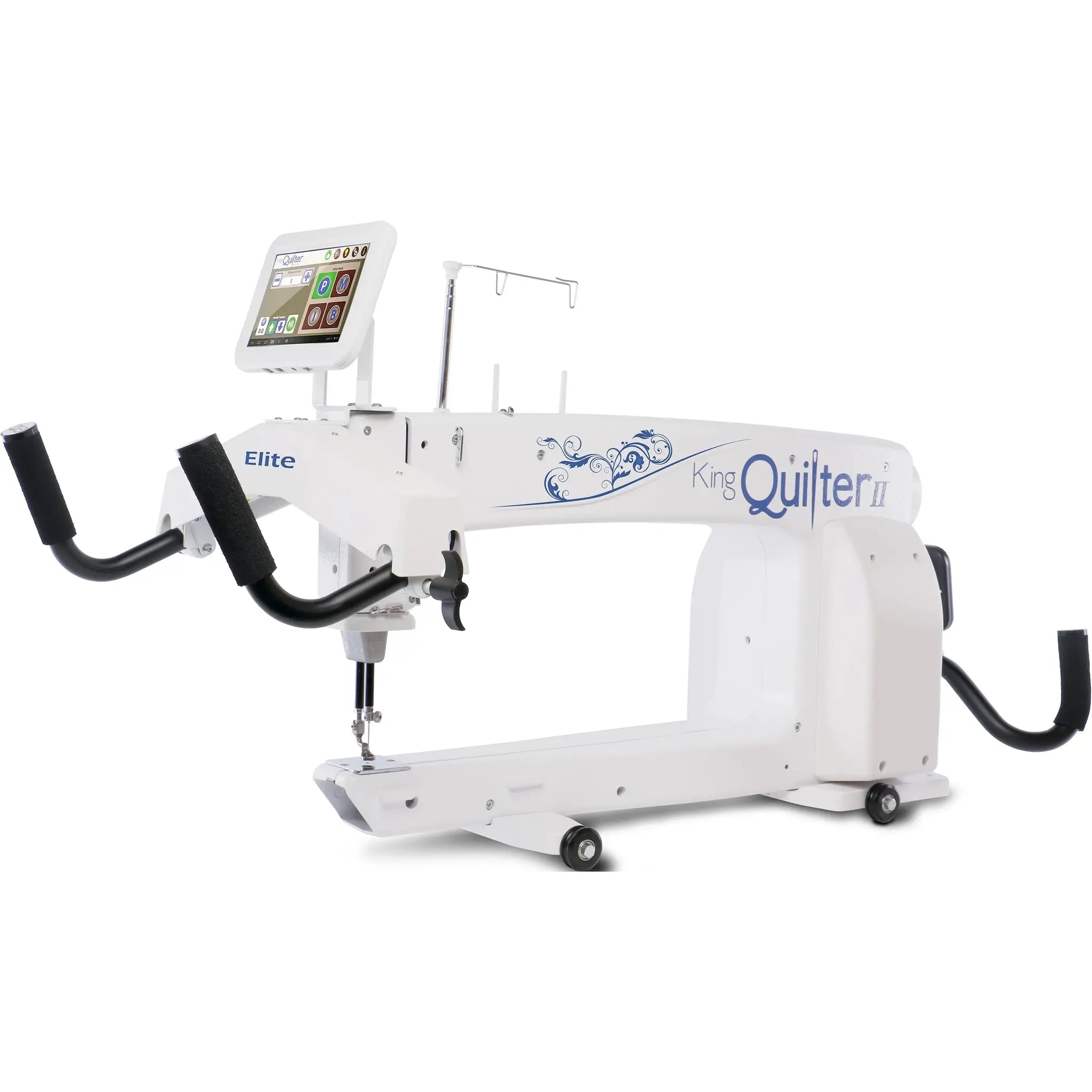 King Quilter II Elite long arm quilting machine with touchscreen control on white frame