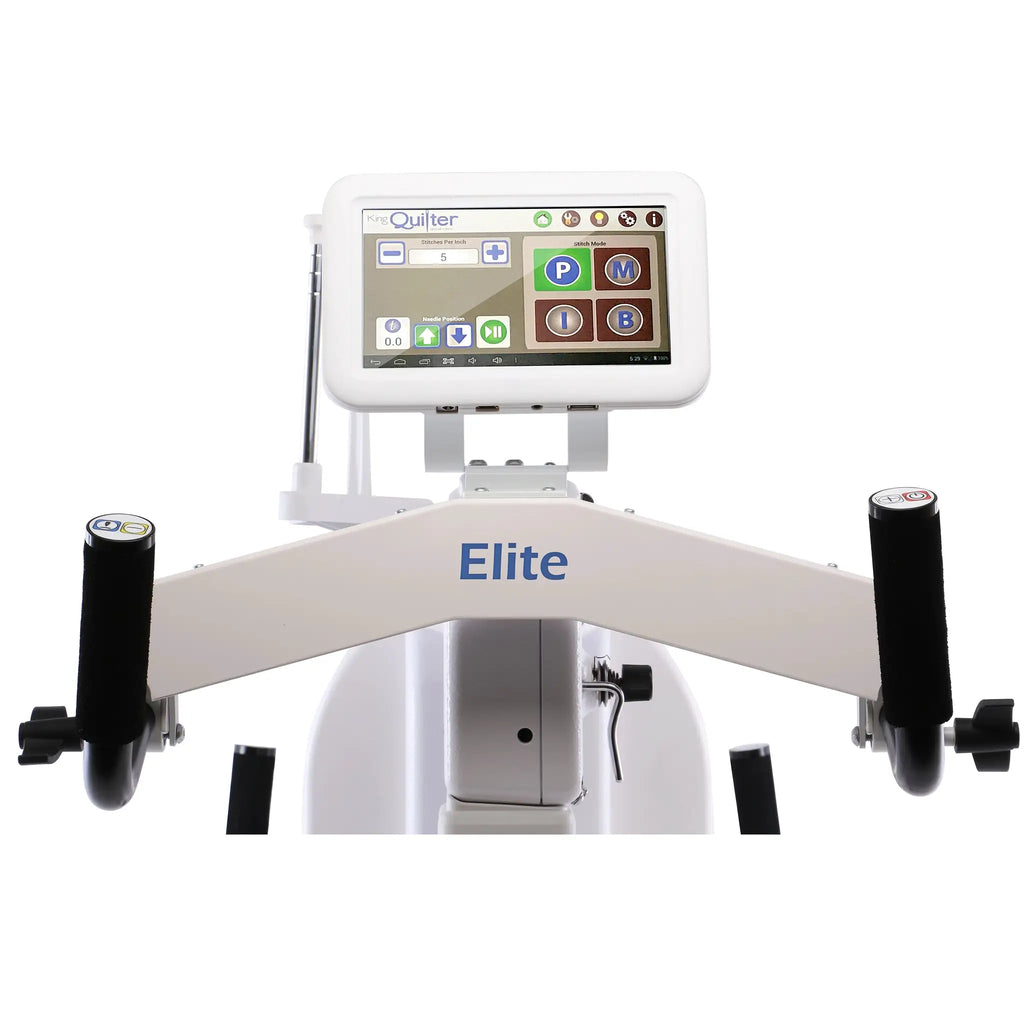 King Quilter II Elite long-arm quilting machine with white frame and touchscreen display.