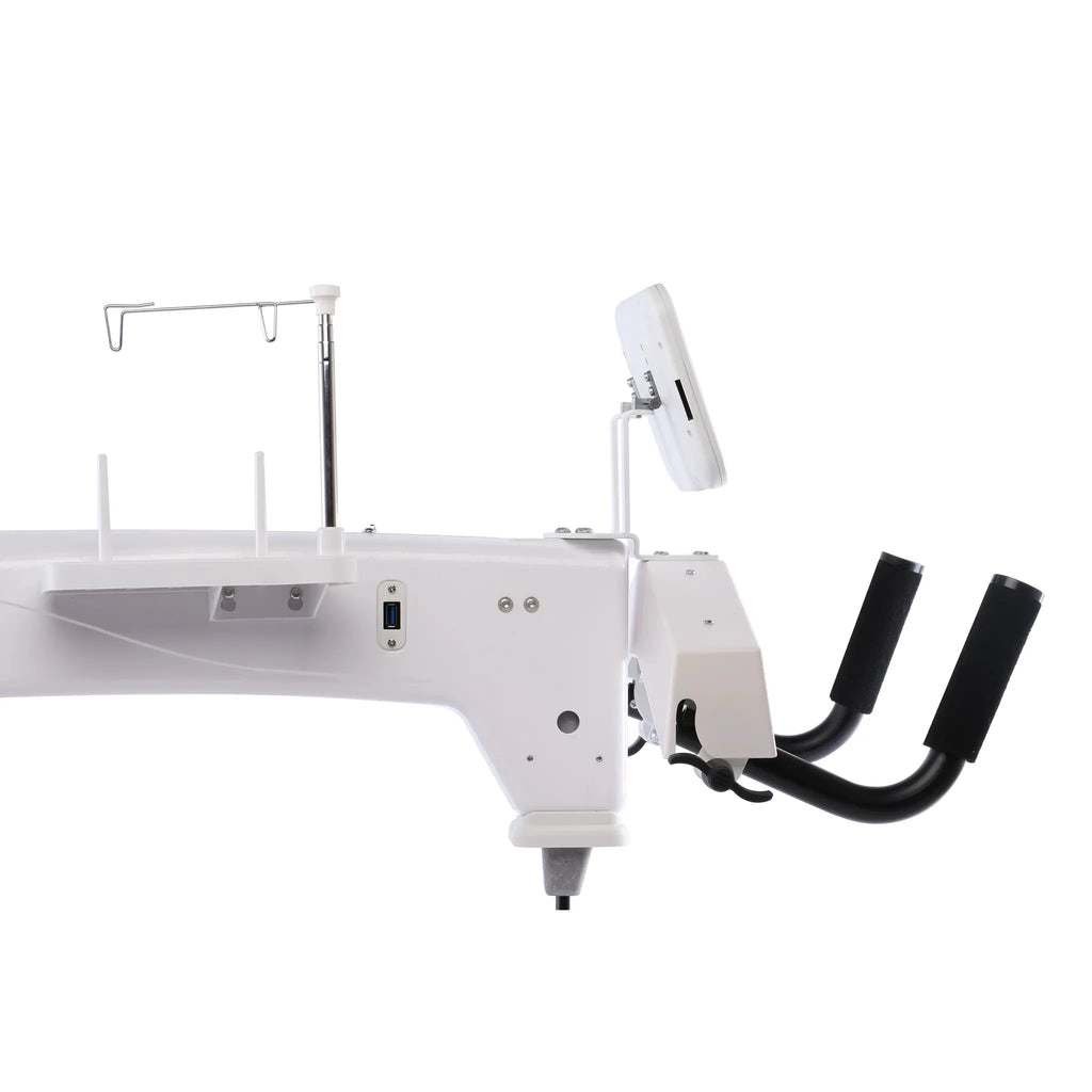King Quilter II ELITE long arm quilting machine on white frame with metal rod supports