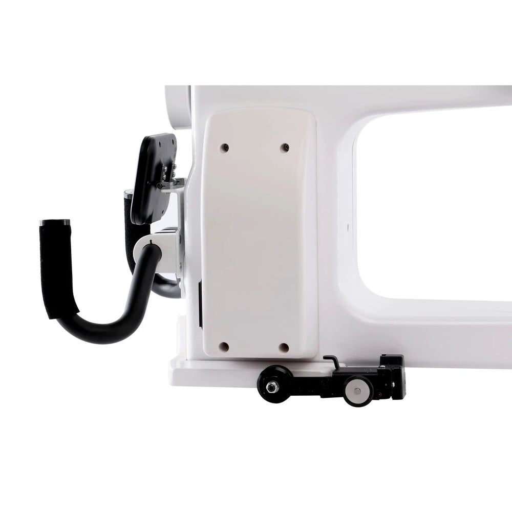 King Quilter II Elite long-arm quilting machine, white body, mounted on a frame with rails.
