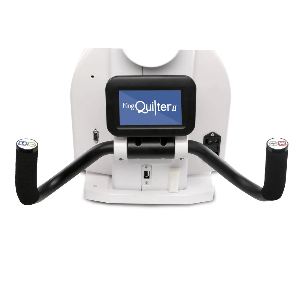 King Quilter II Elite long-arm quilting machine, white body with a black touchscreen display.