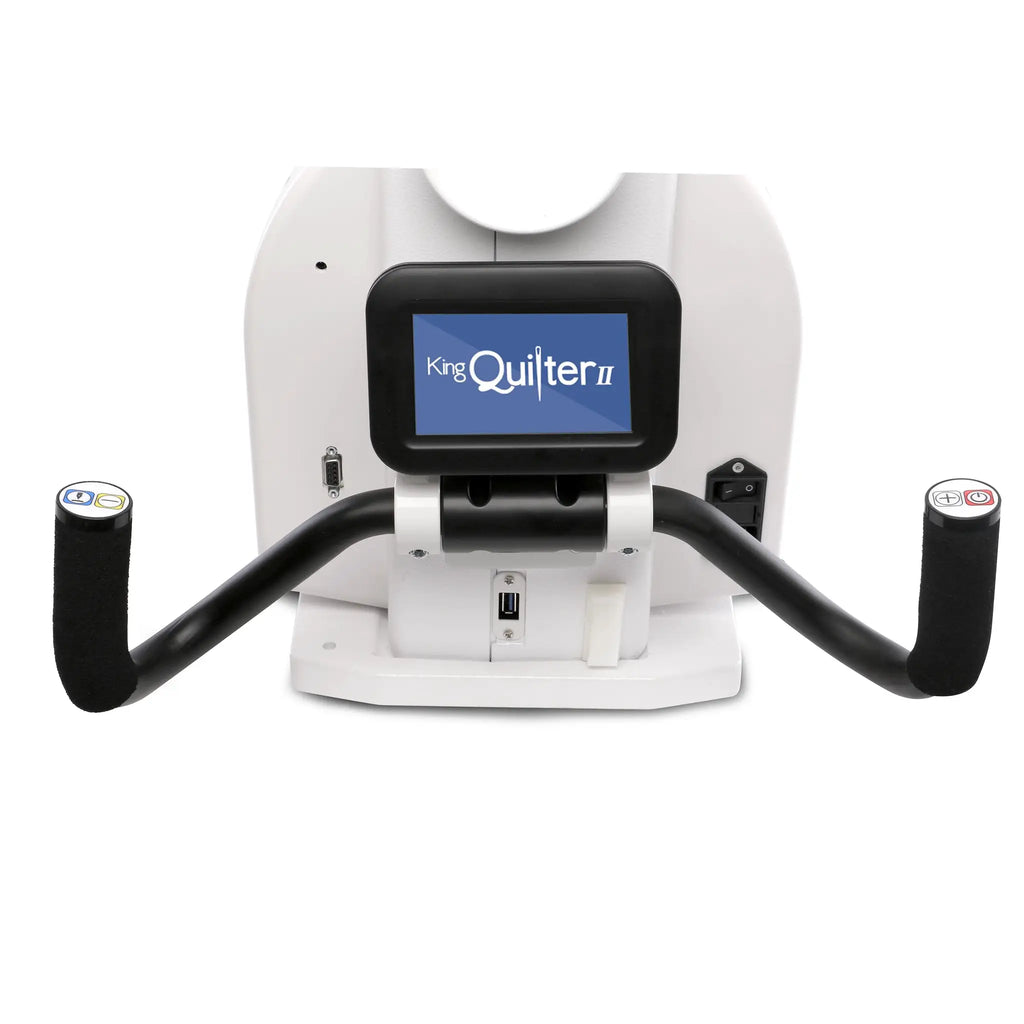 King Quilter II Elite long-arm quilting machine, white body with a black touchscreen display.