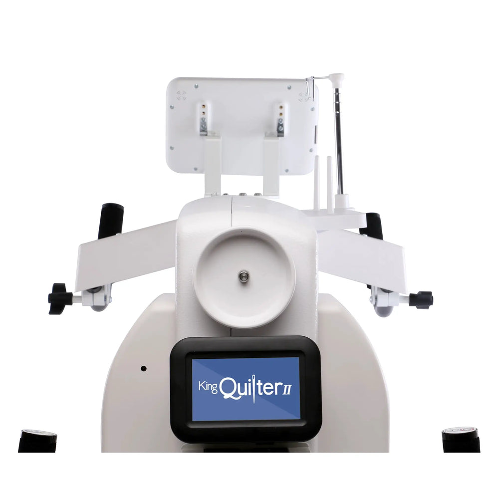 King Quilter II ELITE long-arm quilting machine with touchscreen display, white finish.