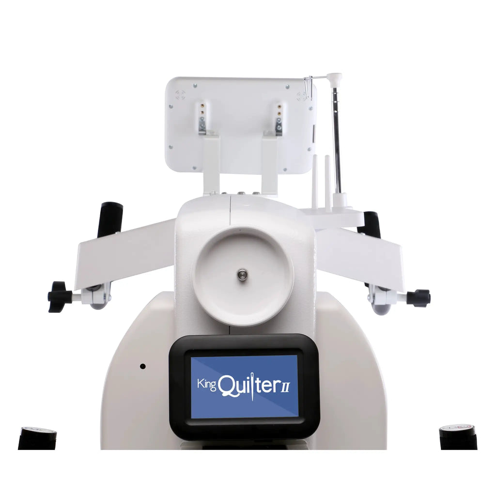 King Quilter II ELITE long-arm quilting machine with touchscreen display, white finish.