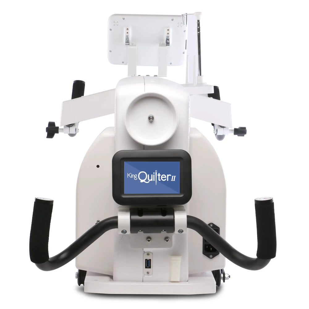 King Quilter II Elite long arm quilting machine, white with blue display