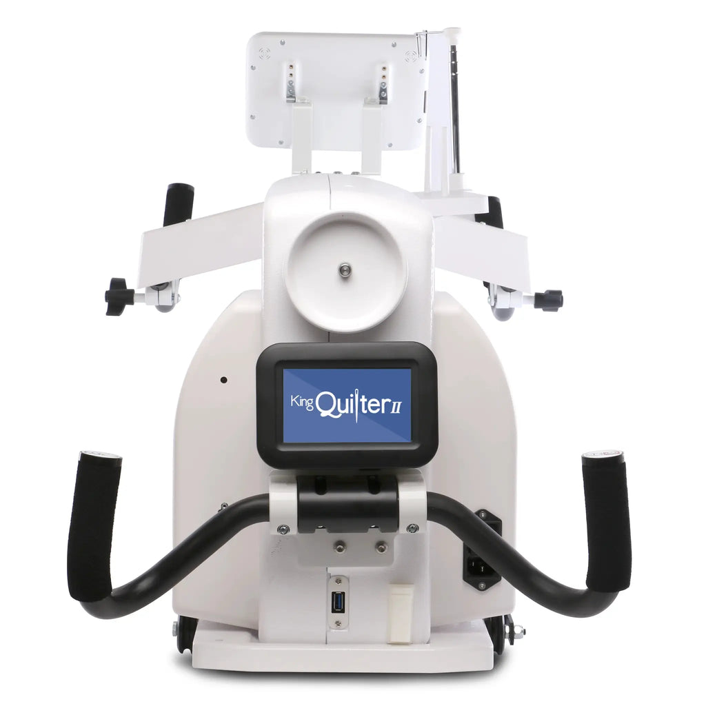 King Quilter II Elite long arm quilting machine, white with blue display