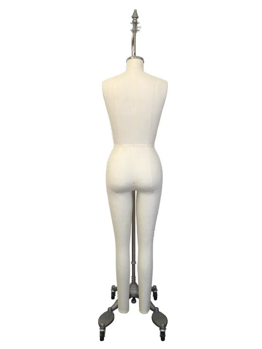 PGM-Pro 605A dress form, white fabric full-body with collapsible shoulders on wheeled stand (back view)