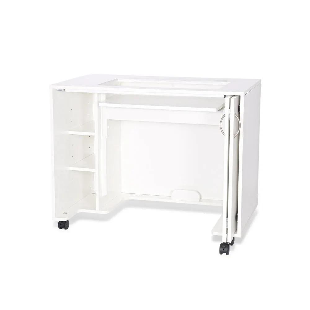 Arrow Mod Sewing Cabinet (2011) white with left-side storage shelves, central work area, and rolling casters.