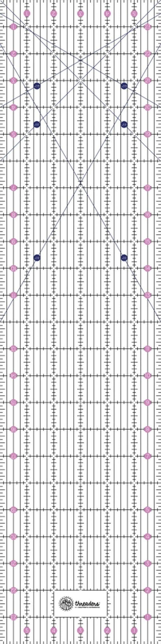Crafters Companion Threaders 12.5 Inch Square Folding Ruler; transparent grid with pink measurement marks