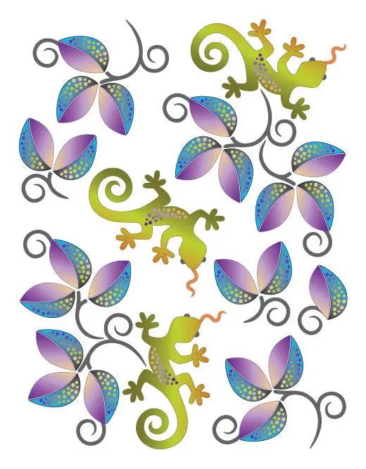 Sewing Machine Tattoos Leaves & Lizards design featuring green lizards and gradient purple leaves with gray swirls