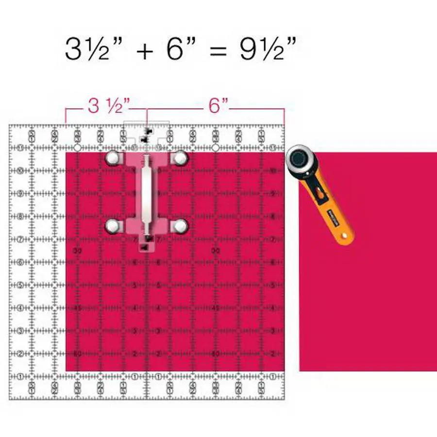 Guidelines 4 Quilting Quilt Ruler Connector; pink grid-marked square with clear connector, orange rotary cutter nearby.