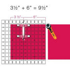 Guidelines 4 Quilting Quilt Ruler Connector; pink grid-marked square with clear connector, orange rotary cutter nearby.