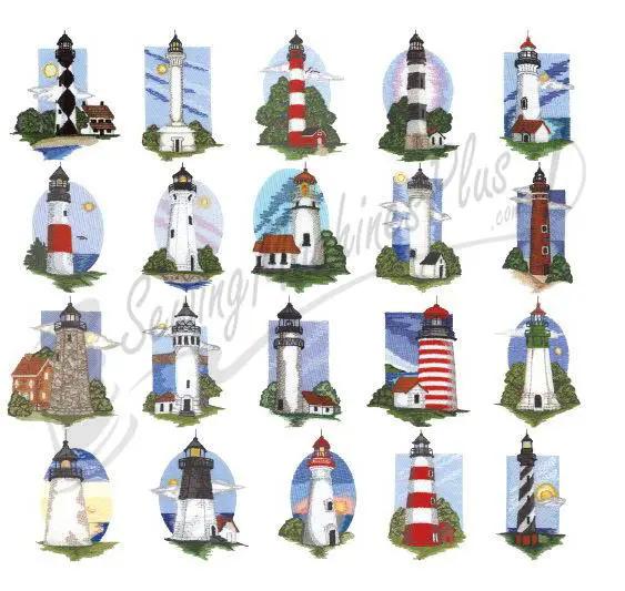 Embroidery design set Dakota Collectibles Lighthouses, 20 colorful lighthouse motifs