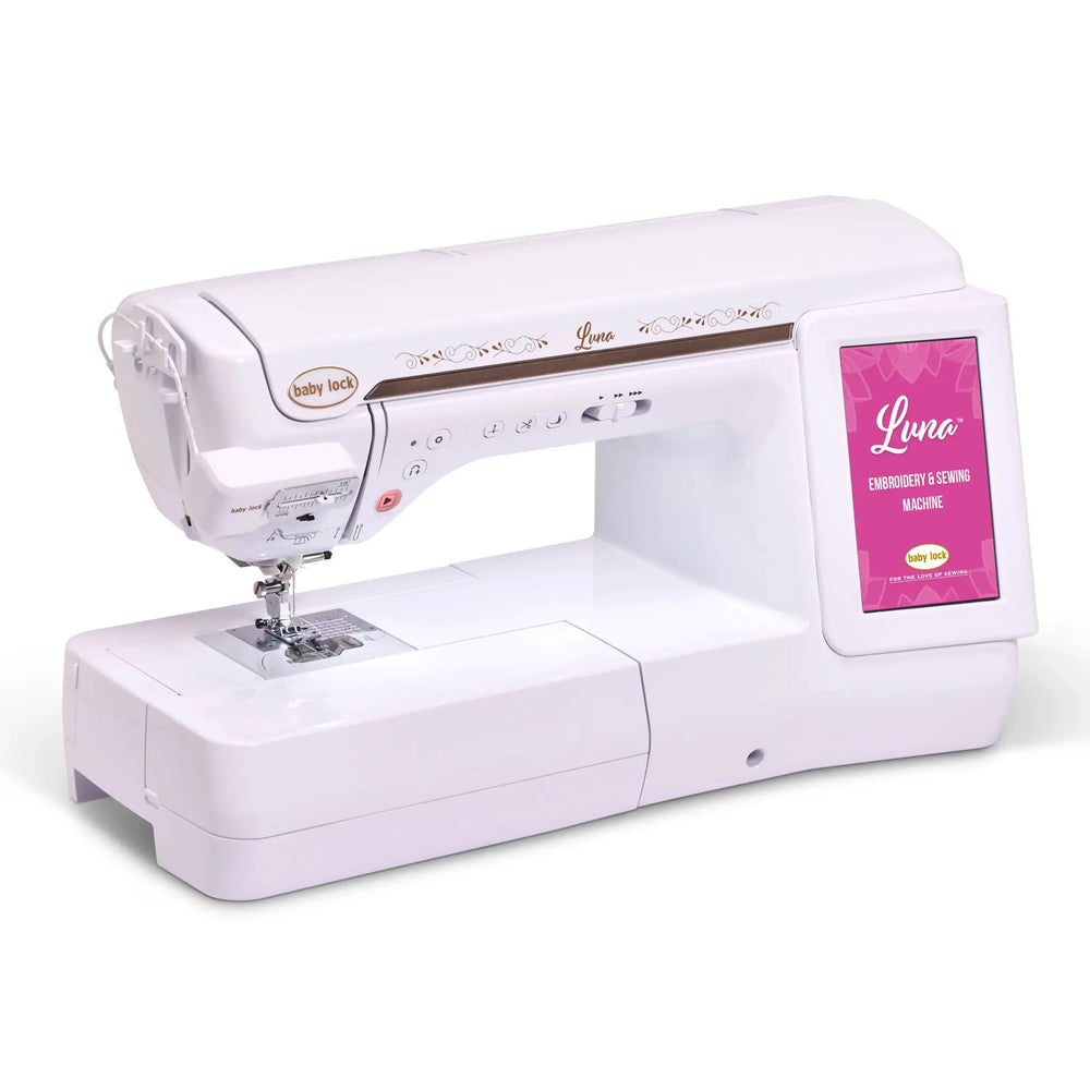 Baby Lock Luna sewing and embroidery machine, white with pink display panel