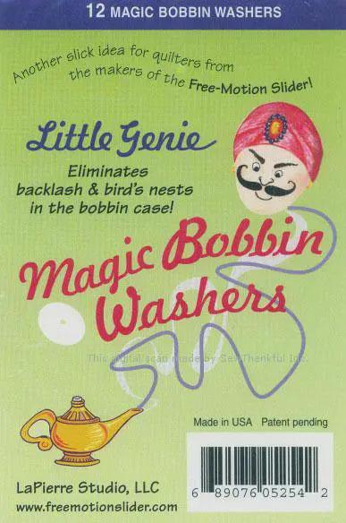 Bobbin Washers: LaPierre Studio 12 Little Genie Magic Bobbin Washers packaging with genie graphic on lime green