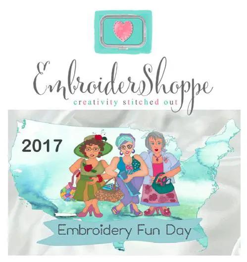 Zandras Embroidery Fun Trunk Show poster; EmbroiderShoppe logo, turquoise heart badge, and Embroidery Fun Day map scene.