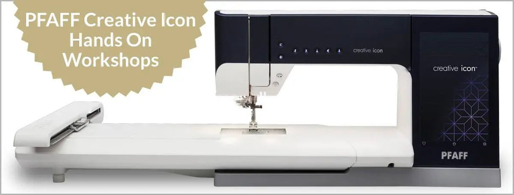 PFAFF Creative Icon sewing machine in blue and white with Hands-On Workshops banner