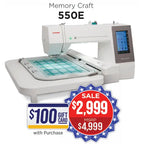 Janome Memory Craft 550E Embroidery Machine, white with touchscreen display, on sale for $2,999.