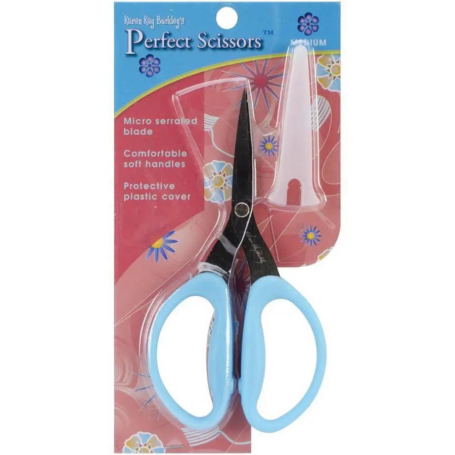 Karen Kay Buckley Perfect Scissors Medium 6 Inch with light blue soft-grip handles in packaging