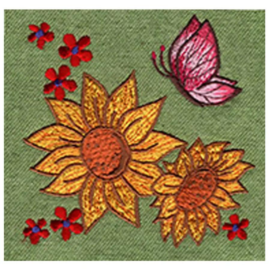 Sunflowers embroidery design by Anita Goodesign, Mini Collection; two yellow sunflowers with a butterfly on green fabric
